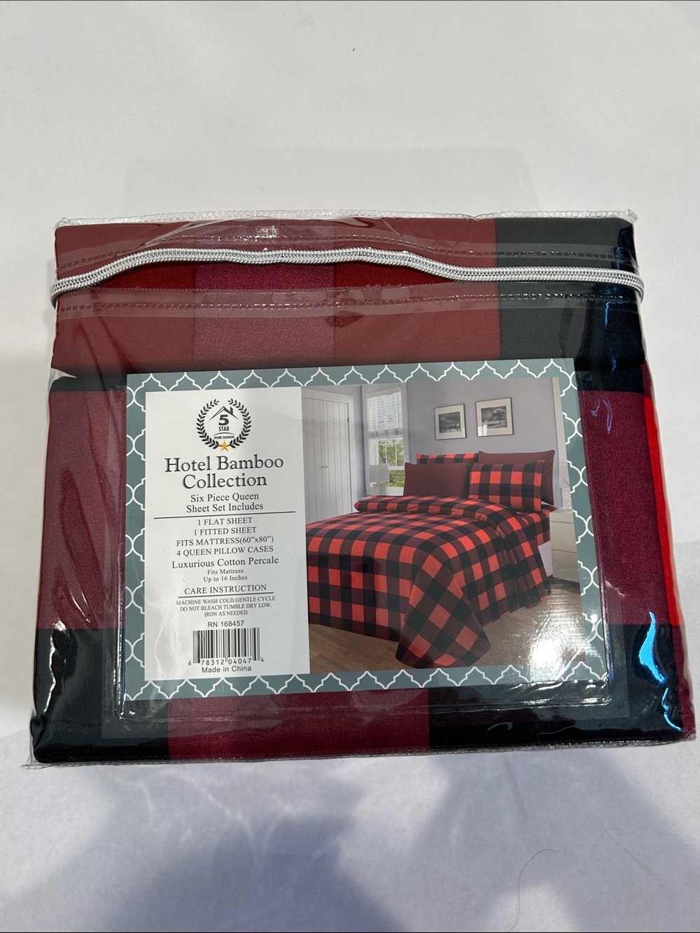 Queen Sheet Set Red and Black Buffalo Plaid 6 piece hotel bamboo collection new
